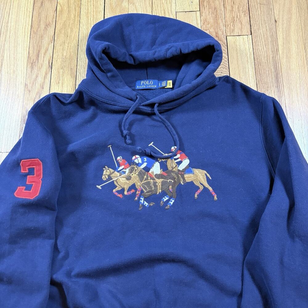 Polo Ralph Lauren Men L Navy Triple Pony Player Fleece Sweatshirt Hoodie Sweater - Picture 10 of 15